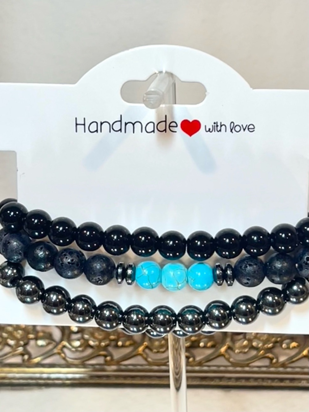 Hand Crafted Black Lava Rock and Turquoise Hematite Stacked Beaded Bracelet Set